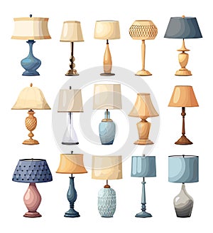 Interior lamps in cartoon style. Stylized colored objects, lighting, light electrical devices, modern and old design