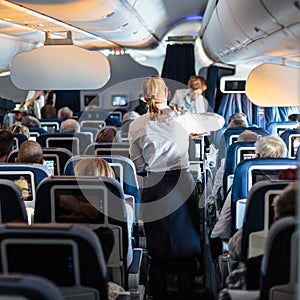 Interior of large commercial airplane with stewardesses serving passengers on seats during flight.