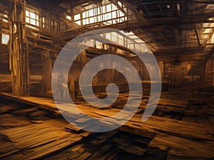 The interior of a large derelict deserted old factory with light from the broken windows reflected on the wooden floor.