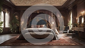 interior of large manor, Victorian bedroom, with grand master bed on a large throw rug ai created