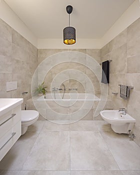 Interior of large modern bathroom with bathtub