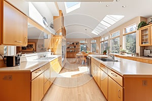 The interior of a large modern bright kitchen with a high ceiling and panoramic windows