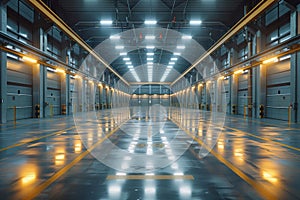 The interior of a large, modern warehouse with bright lights and large doors
