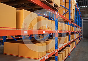 Interior of large warehouse retail store industry. Rack of furniture and home accessories stock storage. Interior of cargo in