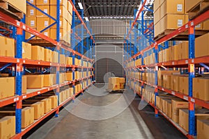 Interior of large warehouse retail store industry. Rack of furniture and home accessories stock storage. Interior of cargo in
