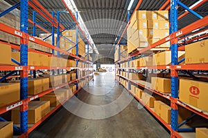 Interior of large warehouse retail store industry. Rack of furniture and home accessories stock storage. Interior of cargo in