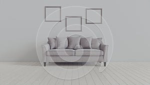 Interior, leather sofa in white room. 3d rendering in Blender 3d