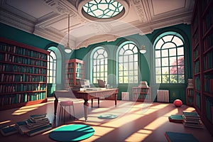 Interior of library with bookcases, table and big windows created using generative ai technology