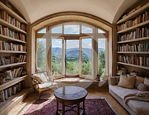 Interior of a library in a country house.