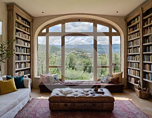 Interior of a library in a country house.