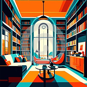 Interior of the library. Vector illustration in a flat style. generative AI