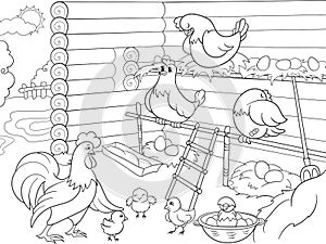 Interior and life of birds in the chicken coop coloring for children cartoon vector illustration