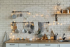 Interior light kitchen with christmas decor and tree