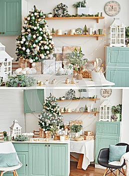 Interior light kitchen with christmas decor and tree. Collage photos of  turquoise-colored kitchen in classic style. Christmas in