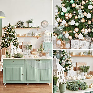 Interior light kitchen with christmas decor and tree. Collage photos of  turquoise-colored kitchen in classic style. Christmas in