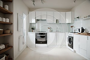 Interior of light kitchen with washing machine, oven and white counters