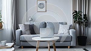 Interior of light living room with grey sofa and laptop on table