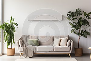 Interior of light living room with grey sofa, plants and an air conditioner on the wall