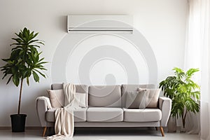 Interior of light living room with grey sofa, plants and an air conditioner on the wall