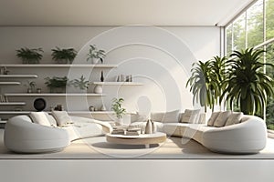 Interior of light living room with grey sofas, coffee table and big window