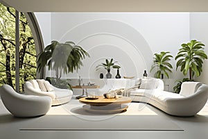 Interior of light living room with grey sofas, coffee table and big window