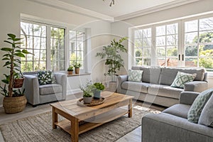 Interior of light living room with grey sofas