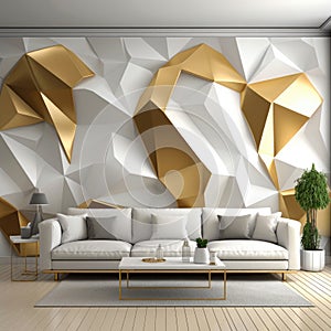 Interior of light living room with sofa. Abstract gold background poster with dynamic waves