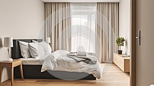 Interior of light modern bedroom with soft white bed with pillows and blanket with lamp near window with curtains, Generative AI