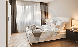 Interior of light modern bedroom with soft white bed with pillows and blanket with lamp near window with curtains, Generative AI