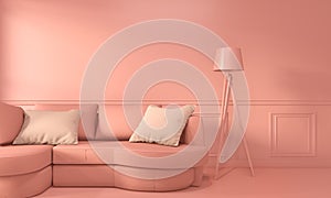Interior Living coral room inetrior with Sofa and decoration color living coral style.3D rendering