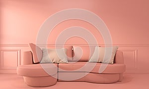 Interior Living coral room inetrior with Sofa and decoration color living coral style.3D rendering