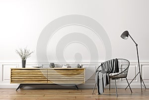 Interior of living room with armchair and wooden sideboard 3d rendering