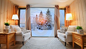 Interior of a living room with a beautiful view of the winter landscape. Generated AI