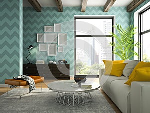 Interior of living room with blue wallpapers 3D rendering