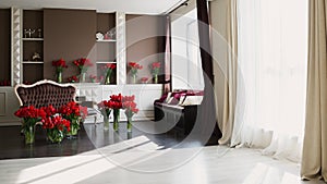 The interior of the living room in brown tones with large bouquets of red tulips in vases.