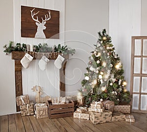 Interior living room with a Christmas tree