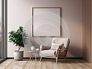 Interior of living room with coffee table and beige fabric armchair, mock up poster on the wall. Home design. 3d rendering