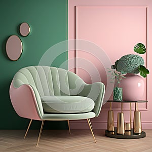 Interior of living room with coffee tables and green fabric armchair, pink wall. Home design. 3d rendering