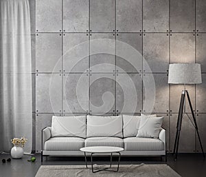 Interior of living room with concrete wall, 3D Rendering