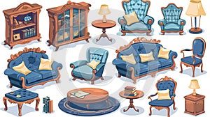 The interior of a living room is decorated with a blue sofa, armchair, coffee table, and lamps. A cartoon collection of