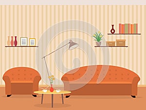 Interior of living room design in flat style with furniture, armchair, sofa, lamp, bookshelf and flowers on a table.