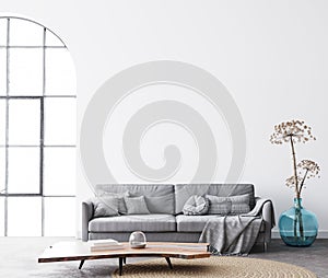 Interior living room design with simple white background mock up. Modern grey sofa with cushions and plaid on.