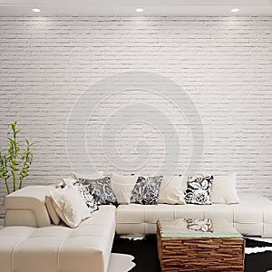 Interior living room design with white sofa in front of the brick wall   wall mockup