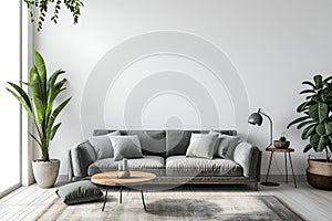 Interior Living Room, Empty Wall Mockup In White Room With Grey Sofa And Green Plants, 3d Render Real Room Template