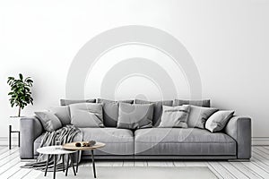 Interior Living Room, Empty Wall Mockup In White Room With Grey Sofa And Green Plants, 3d Render Real Room Template