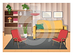 Interior of living room furnished with retro furniture and old-fashioned home decorations - cozy sofa, armchairs