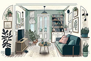 Interior of living room with furniture, sofa, coffee table, bookcase and plants. Vector illustration.