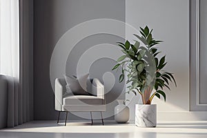 Interior living room with gray armchair and plants on empty wall background.