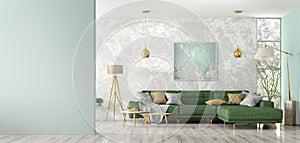 Interior of living room with green sofa 3d rendering