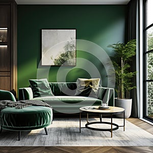 Interior of living room with green sofa 3d rendering